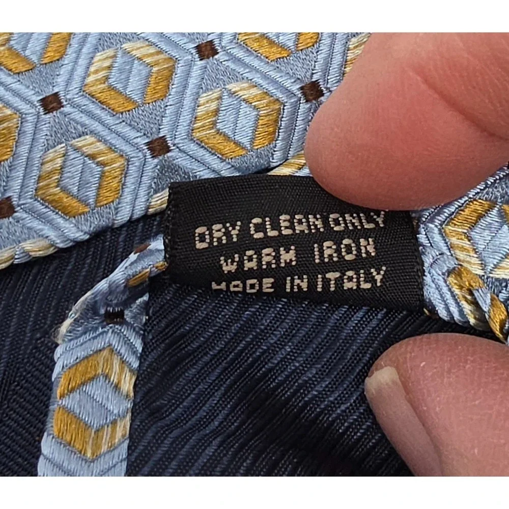 Ermenegildo Zegna Silk Tie‎ Mens Blue Gold Geometric Hexagon Classic Italy 58